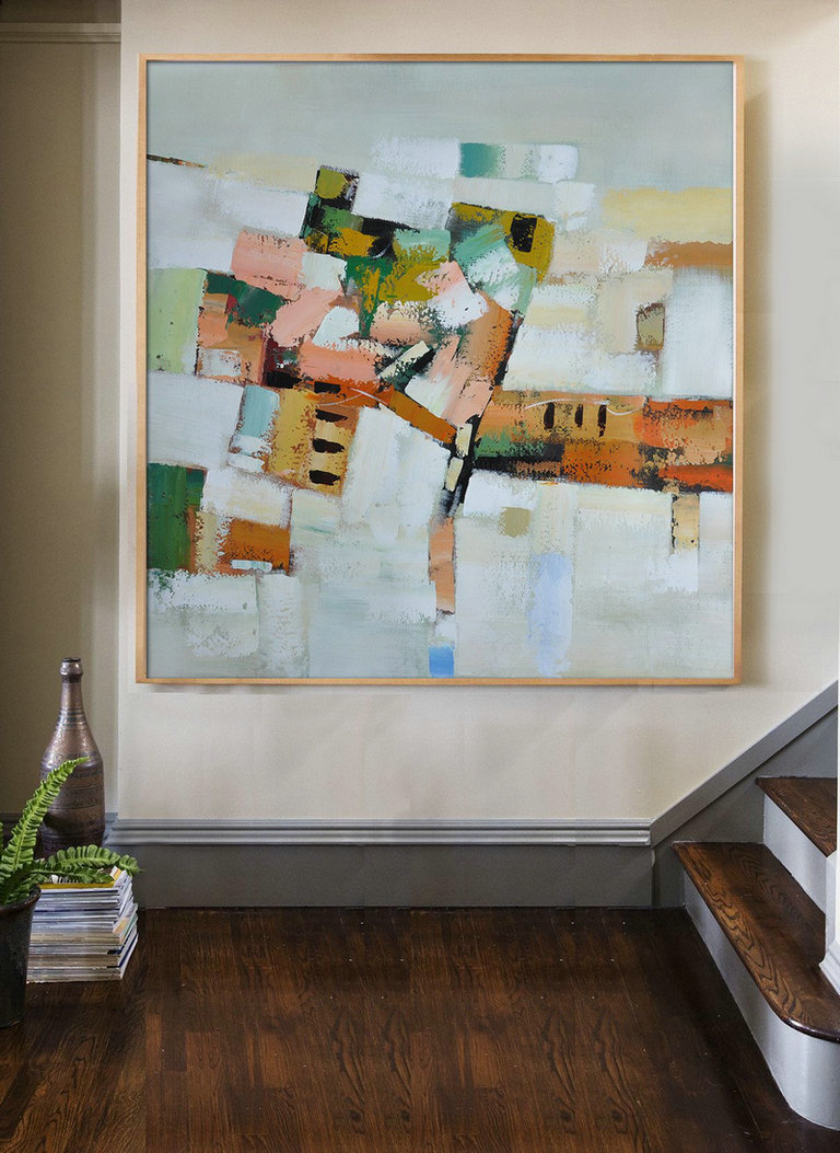 Extra Large Acrylic Painting On Canvas,Oversized Contemporary Art,Large Contemporary Painting,Grey,Orange,Green,Yellow.etc